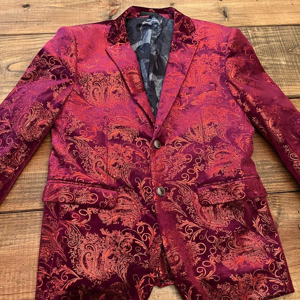 Men's Red Brocade Dinner Jacket - Elegant Patterned Blazer - Picture 3 of 9